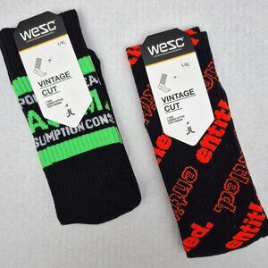 WESC Crew Socks 2 Pairs Unisex Sz. L-XL (9.5-14) Black/Neon Colors Combed Cotton